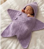 Crocheted Star-shaped Bodysuit Starfish Baby Sleeping Bag Newborn Baby Boy Girl Kids Cartoon Hooded Romper Jumpsuit Bodysuit Clothes Outfits Long Sleeve Playsuit Toddler One Piece Outfit